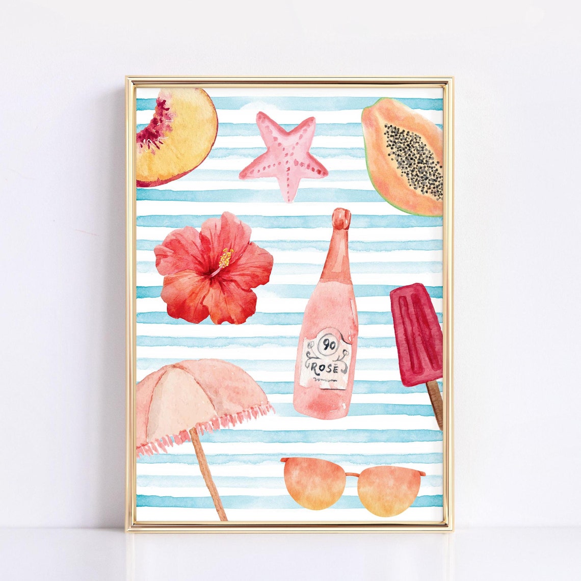 Tropical Beach Watercolor Collage Papaya Starfish Summer Poster