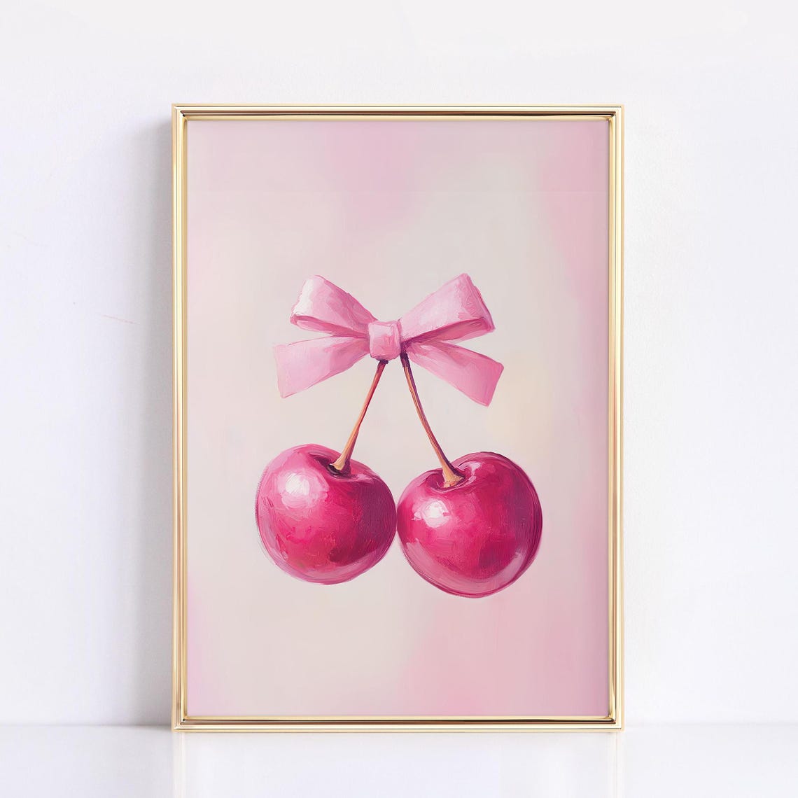 Sweet Pink Cherries with a Pink Bow on a Blush Background Poster
