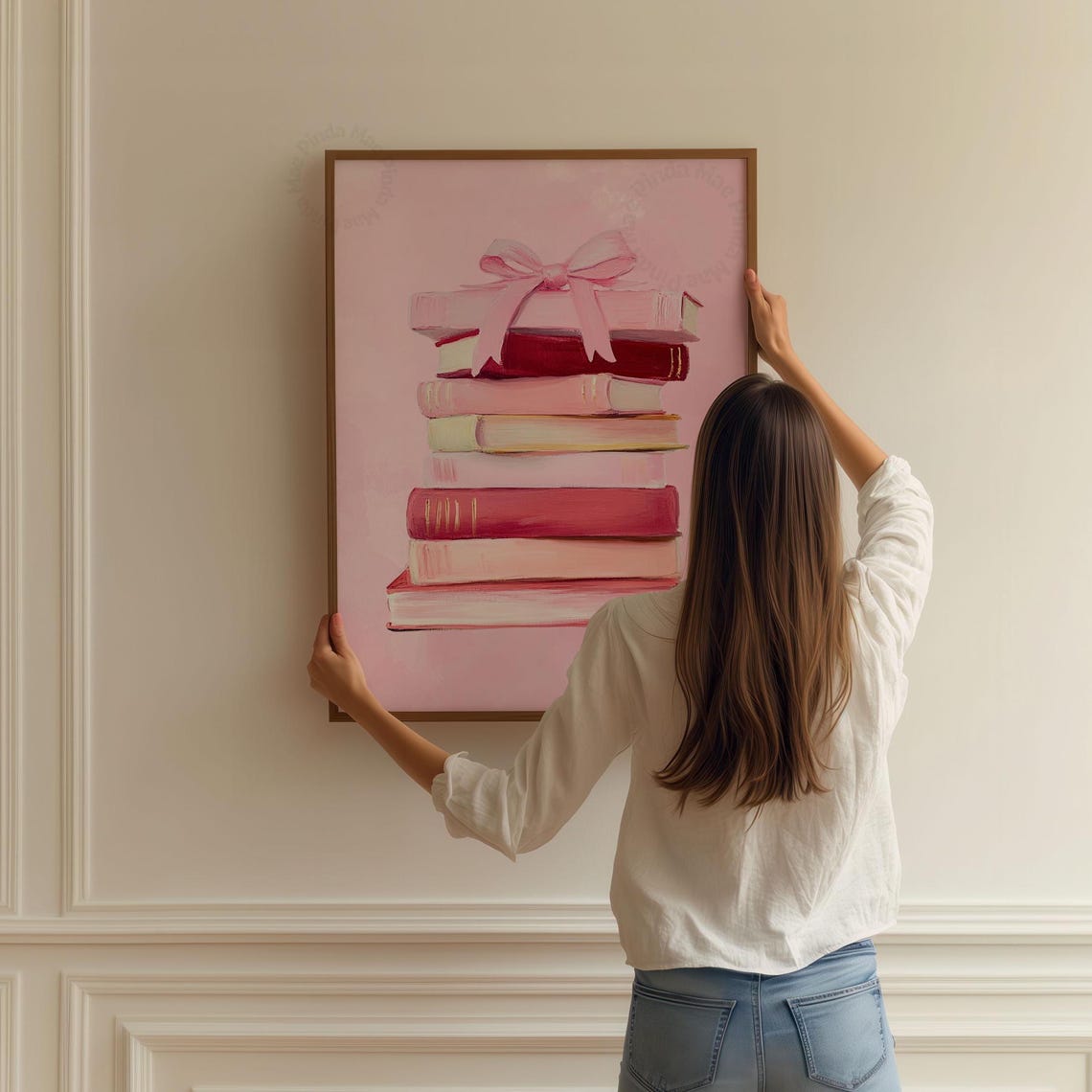 Pink Book Stack Painting With Bow Coquette Book Lover Library Poster - Image 2