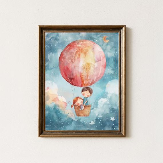 Watercolor Kids Hot Air Balloon Night Sky Moonlit Cloud Adventure Poster