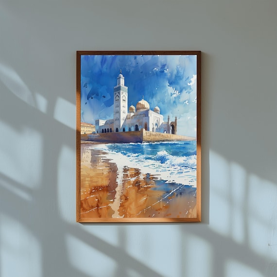 Hassan II Mosque Casablanca Ocean Watercolor Morocco Landmark Travel Poster