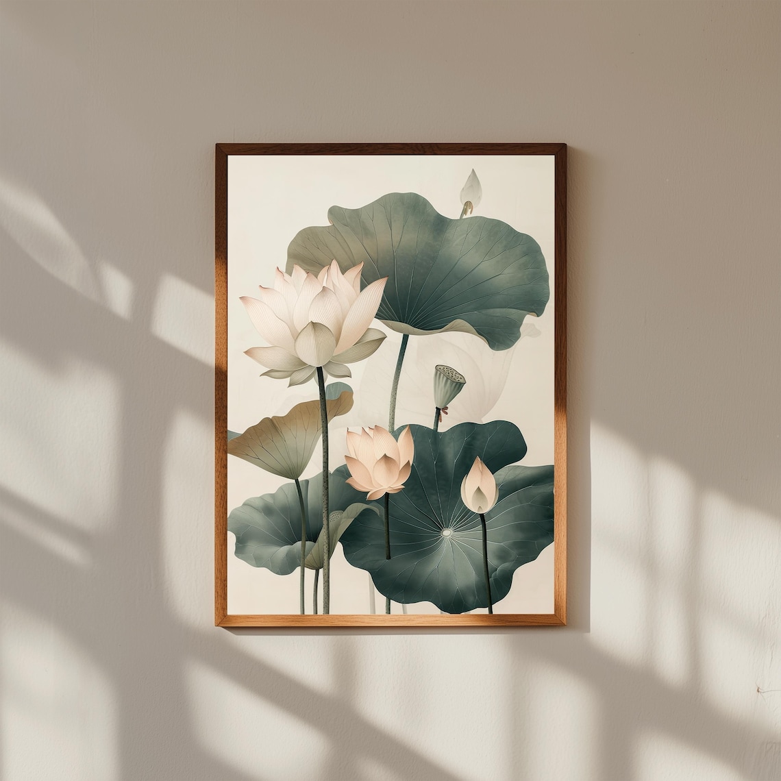 Blush Lotus Flowers Cream Leaves Elegant Botanical Floral Art Print