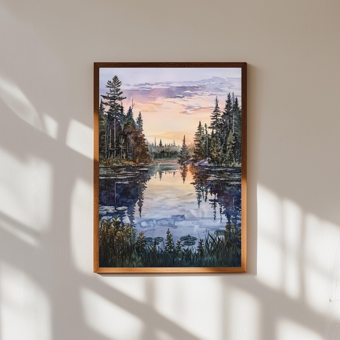 Forest Lake Sunset Pine Trees Reflection Calm Watercolor Art Poster
