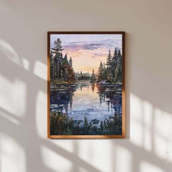 Forest Lake Sunset Watercolor Print Tranquil Nature Wall Art