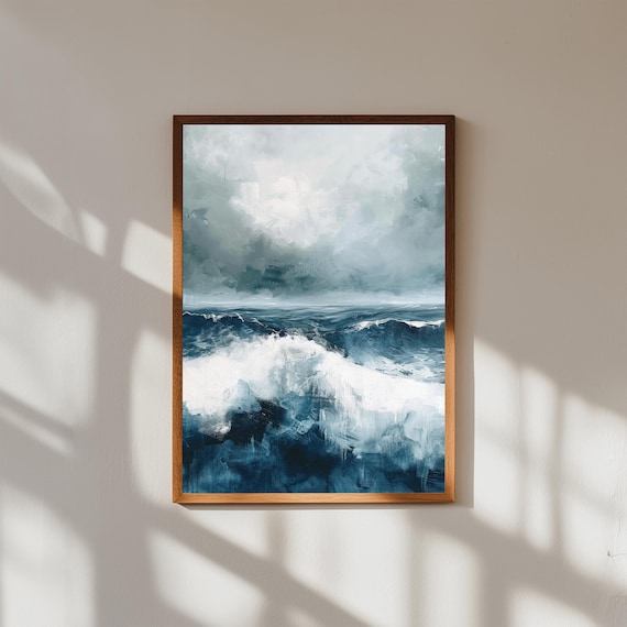 Stormy Seascape Painting Moody Ocean Wave Art Coastal Decor