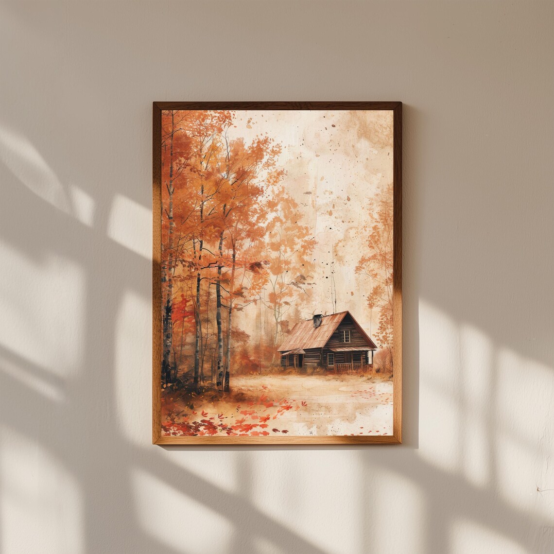 Autumn Cabin Among Red And Orange Fall Foliage Watercolor Art Print