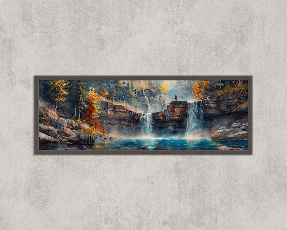 Johnston Canyon Waterfall Autumn Cliffs Watercolor Panorama Poster