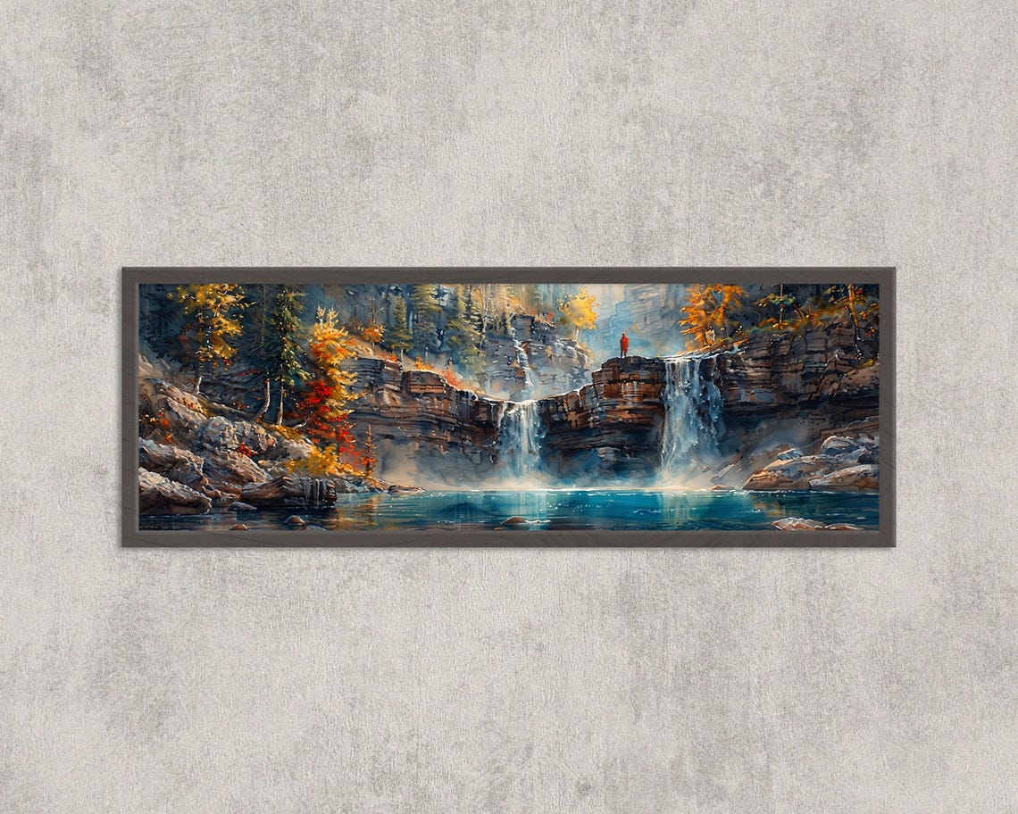 Johnston Canyon Waterfall Autumn Cliffs Watercolor Panorama Poster