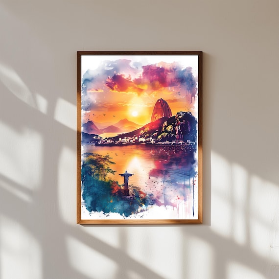 Christ the Redeemer Rio de Janeiro Sunset Watercolor Cityscape Landmark Poster