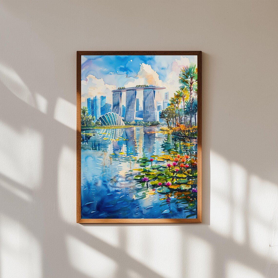 Singapore Marina Bay Sands Skyline Lotus Pond Watercolor Travel Poster