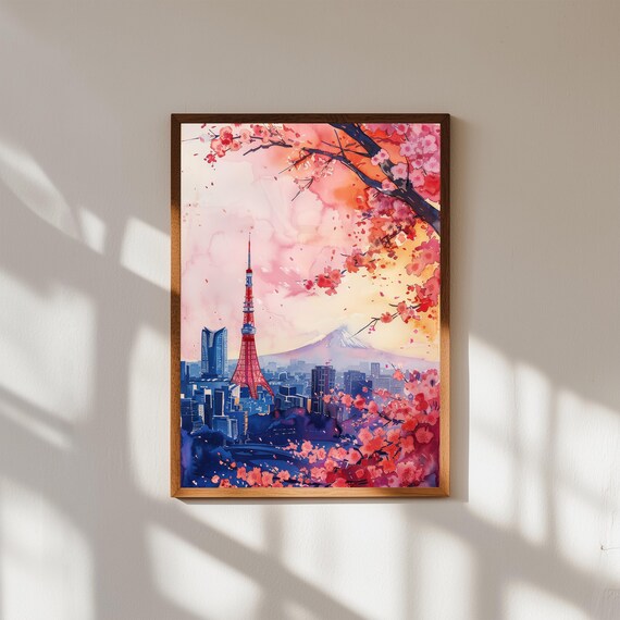 Tokyo Tower Watercolor Print, Mount Fuji and Cherry Blossoms