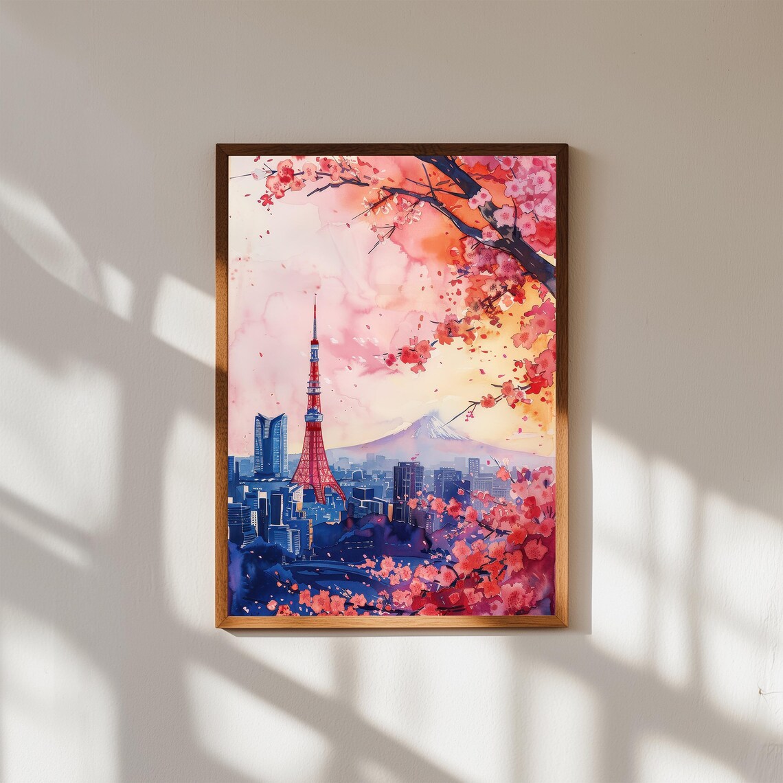 Tokyo Tower Watercolor Print, Mount Fuji and Cherry Blossoms