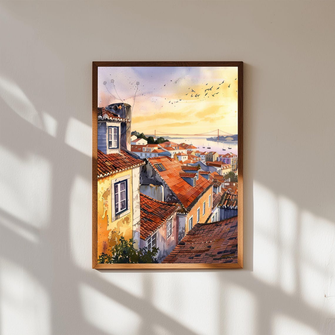 Lisbon Sunset Watercolor Alfama Rooftops River Bridge Art Print