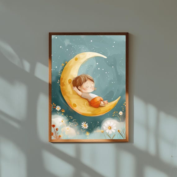 Watercolor Baby Moon Print Dreamy Nursery Wall Art