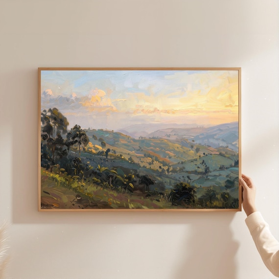 Golden Sunset Rolling Hills Warm Valley Oil Painting Art Poster