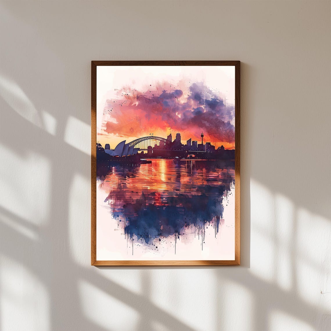 Sydney Sunset Skyline Print Opera House Harbour Bridge Watercolor Wall Art Australia Travel Decor