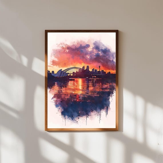 Sydney Sunset Skyline Print Opera House Harbour Bridge Watercolor Wall Art Australia Travel Decor