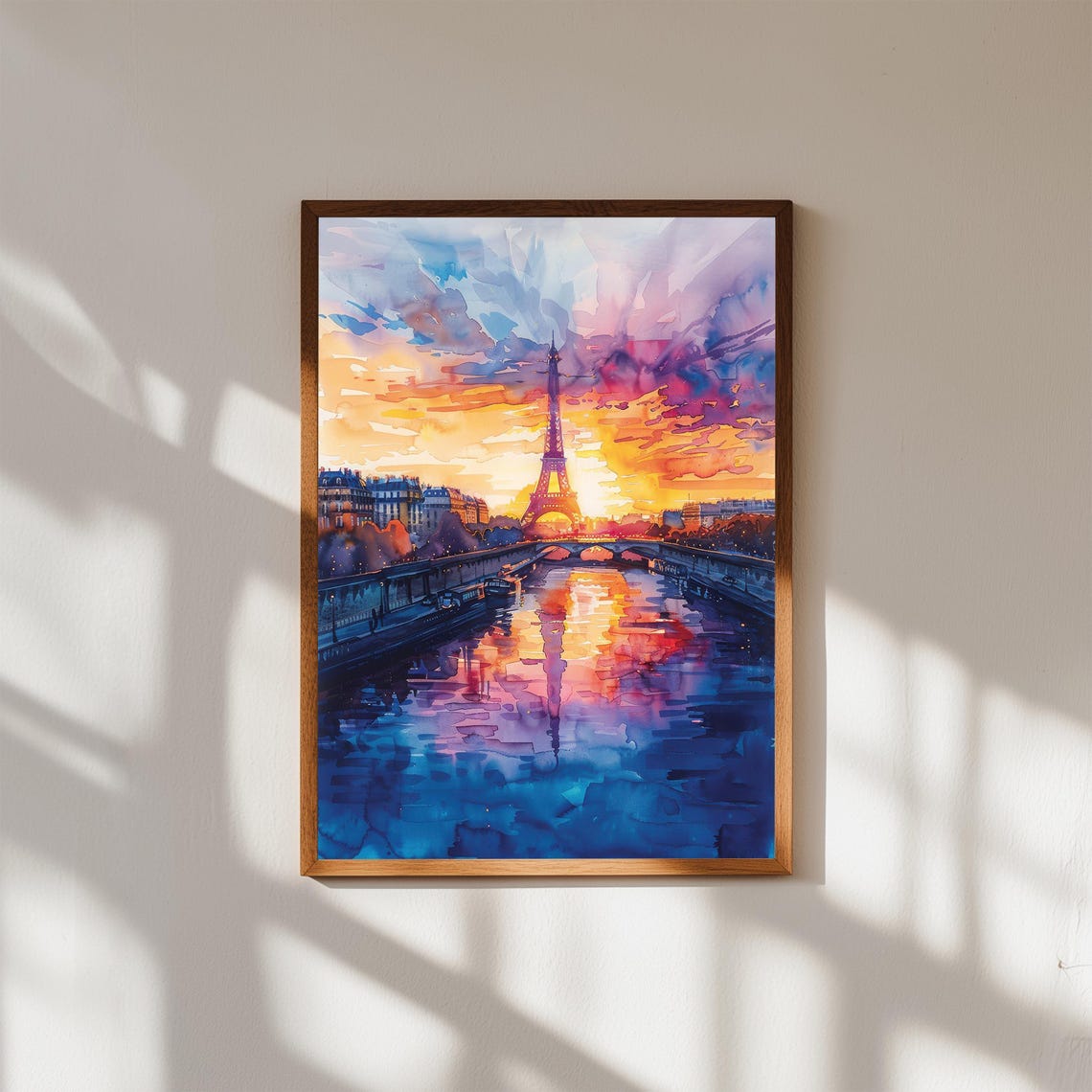 Paris Eiffel Tower Sunset Seine River Reflections Watercolor Poster