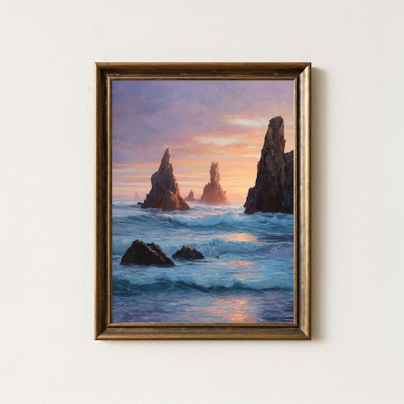 Sea Stacks Sunset Oil Painting Print Dramatic Coastal Rocks Seascape Art