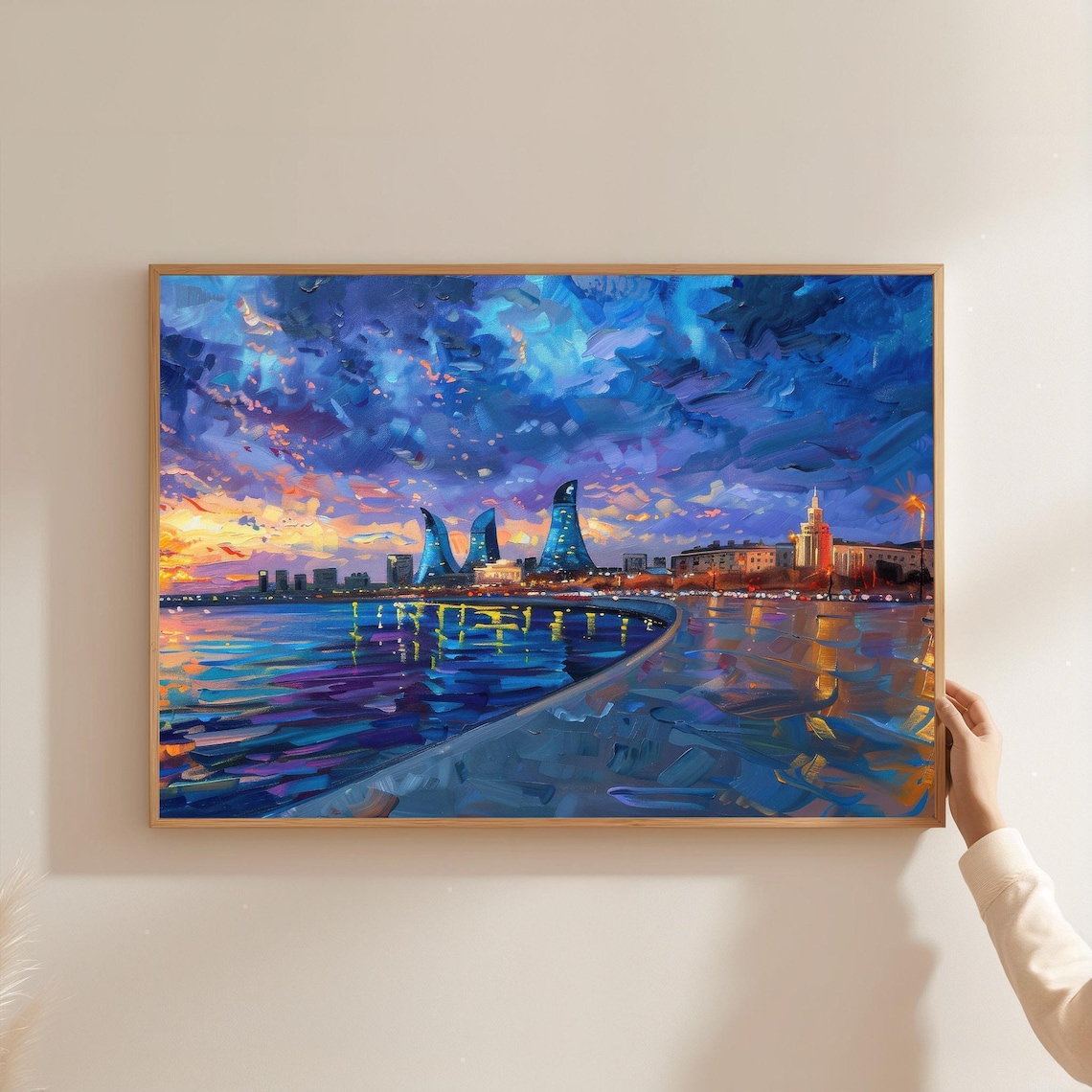 Baku Azerbaijan Flame Towers Caspian Sea Night Painting Poster