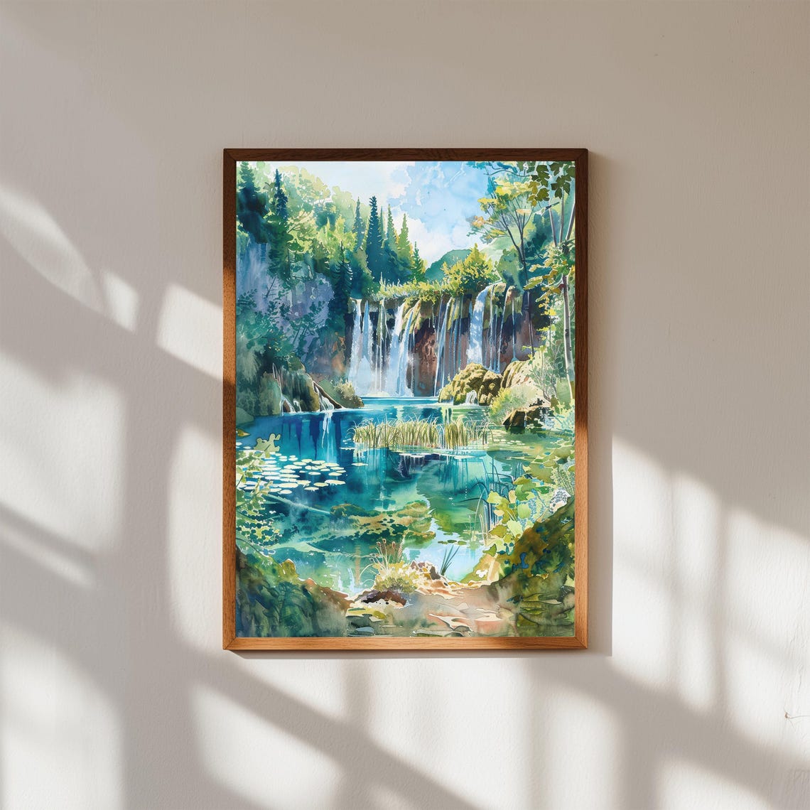 Plitvice Lakes Waterfalls Turquoise Lake Forest Watercolor Poster