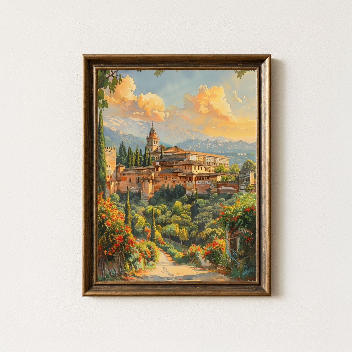 Alhambra Granada Spain Moorish Palace Sunset Watercolor Art Poster