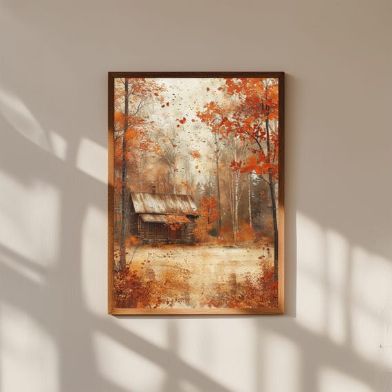 Cozy Cabin Art Print Rustic Forest Landscape
