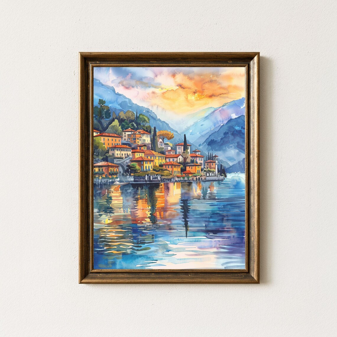 Lake Como Italy Sunset Watercolor Poster Lakeside Village Mountain Art
