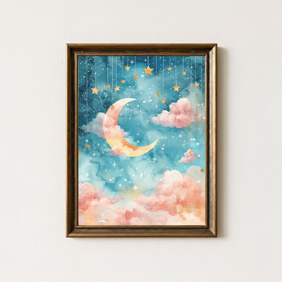 Crescent Moon Stars Dreamy Watercolor Pastel Nursery Art Print