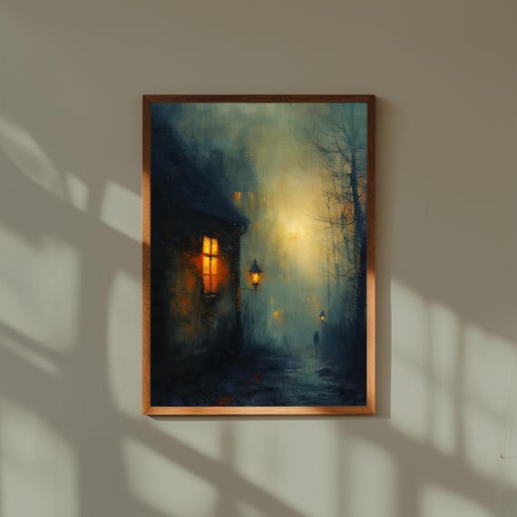Ghostly Figures On Foggy Old Town Street At Night Gothic Poster
