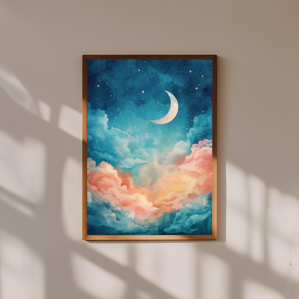 Crescent Moon Over Starry Clouds Watercolor Night Sky Nursery Art Poster