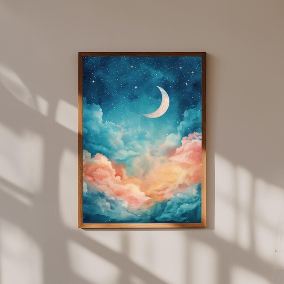 Crescent Moon Over Starry Clouds Watercolor Night Sky Nursery Art Poster