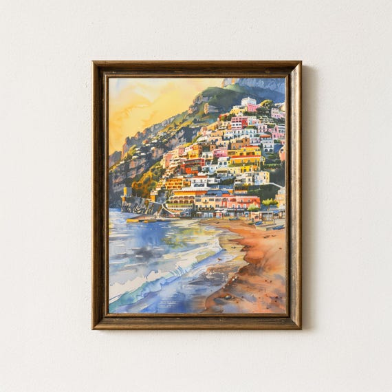 Positano Italy Watercolor Print, Amalfi Coast Coastal Art