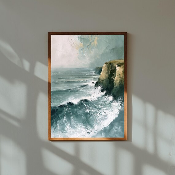 Crashing Ocean Waves Against Rocky Cliffs Dramatic Seascape Art Poster
