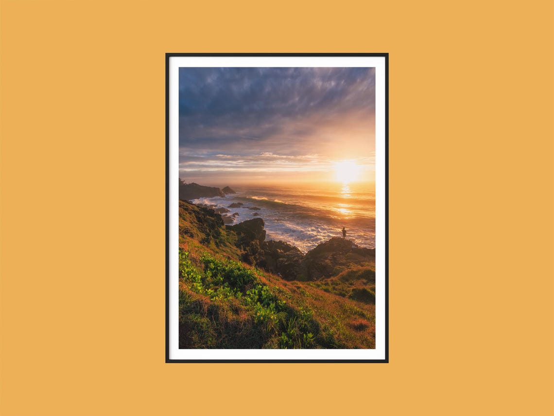 Golden Sunset Over Coastal Cliffs Ocean Waves Seascape Nature Poster