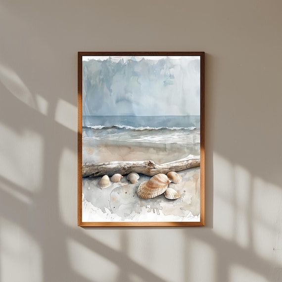 Driftwood Seashells Watercolor Beach Shore Ocean Seascape Print