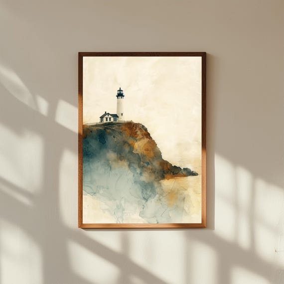 Coastal Lighthouse Print Distant Cliff Seascape Nautical Wall Art