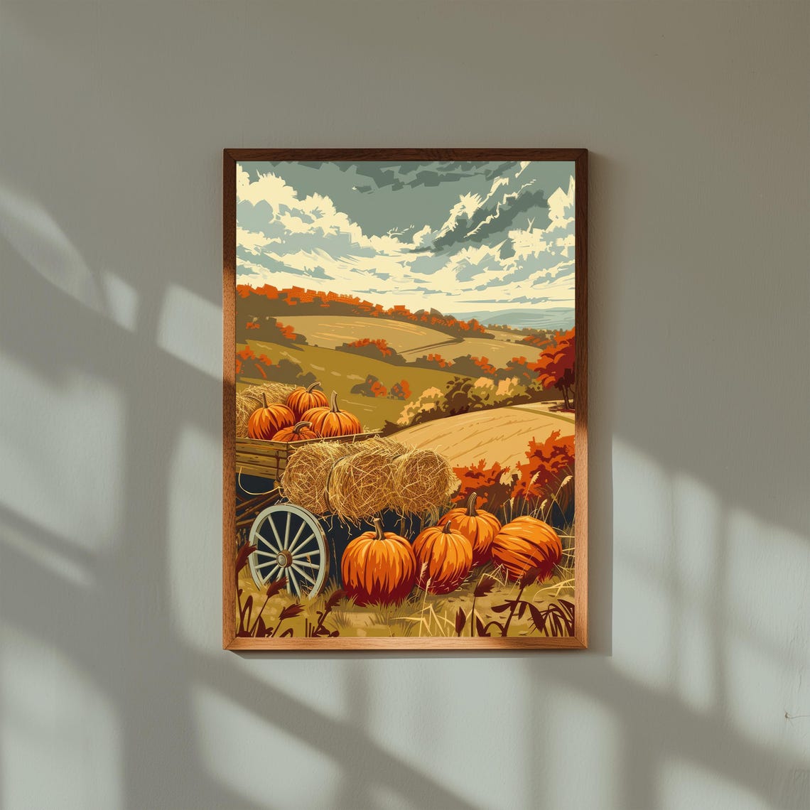 Vintage Fall Farm Pumpkins Hay Bales Wagon Rustic Harvest Scene Poster