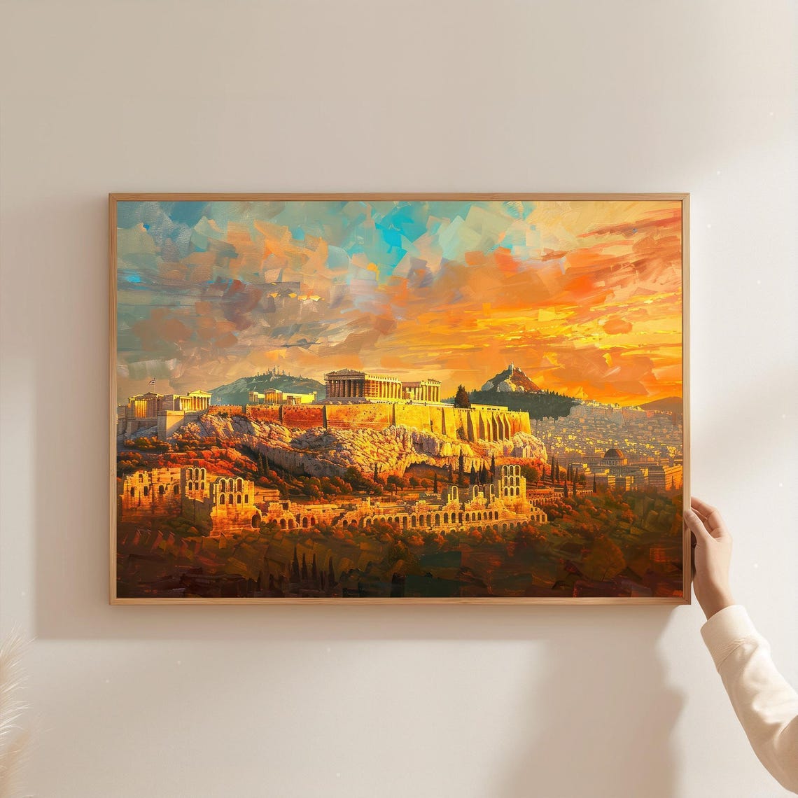 Athens Acropolis Parthenon Sunset Golden Oil Painting Wall Art