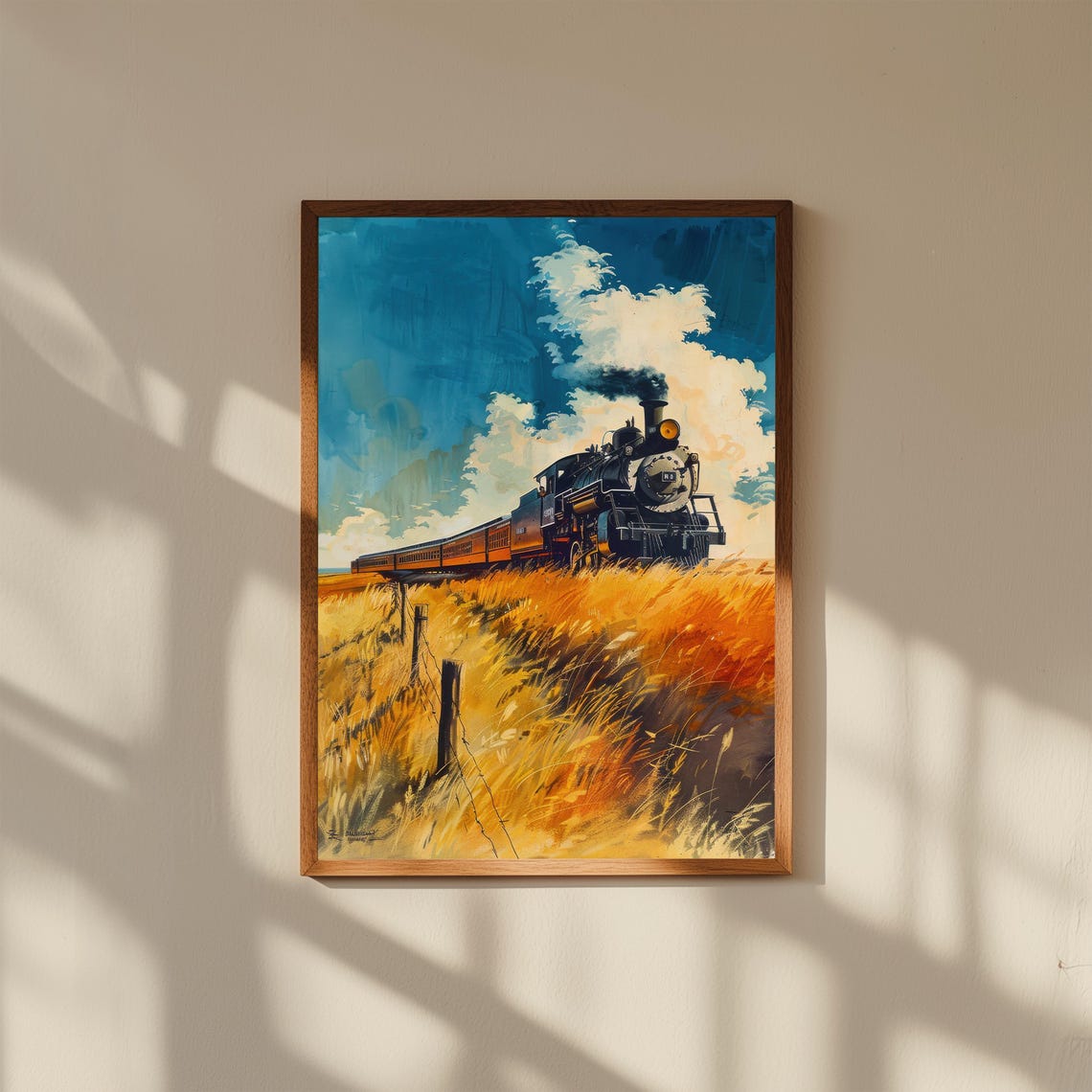 Steam Locomotive Train Golden Wheat Field Blue Sky Vintage Print
