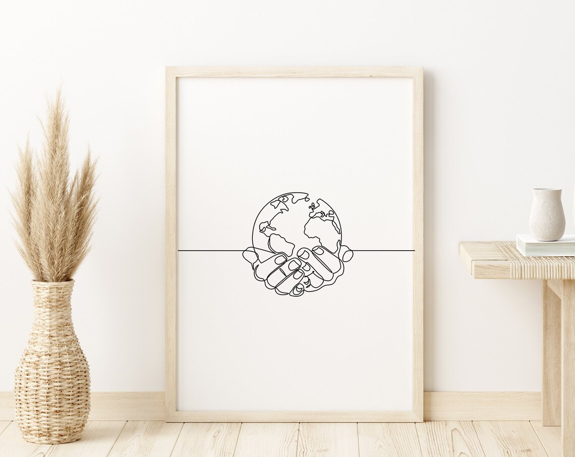Love Your Planet One Line Earth Hands Drawing Print Eco Decor - Image 2