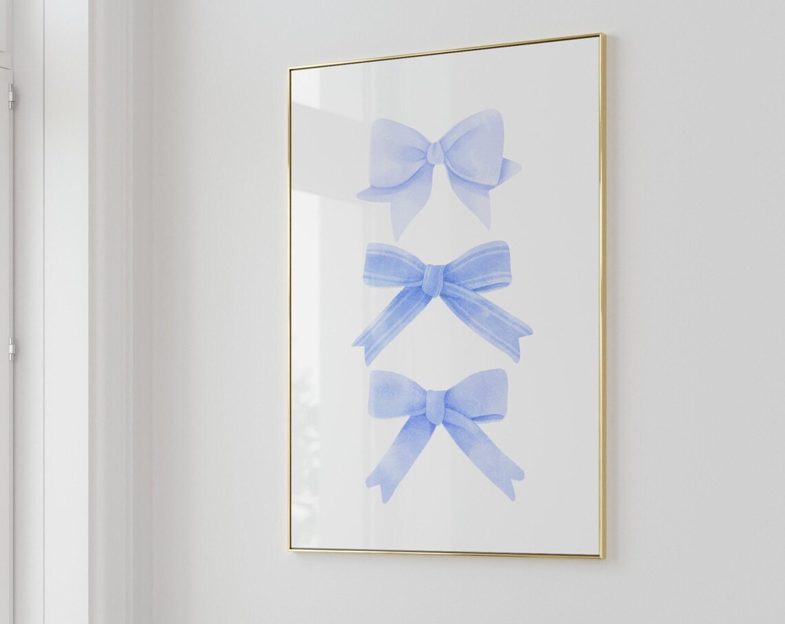 Blue Ribbon Bow Watercolor Trio Preppy Aesthetic Room Poster