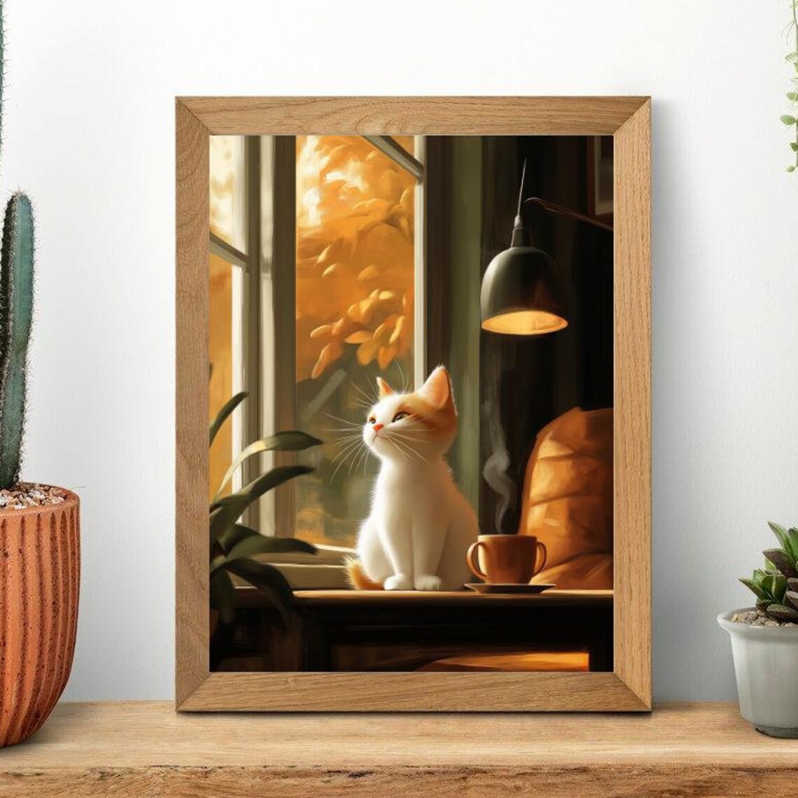 Cozy Autumn Cat Wall Art Print Warm Fall Window Scene With Cat And Coffee Minimalist Home Decor For Cat Lovers - Image 4