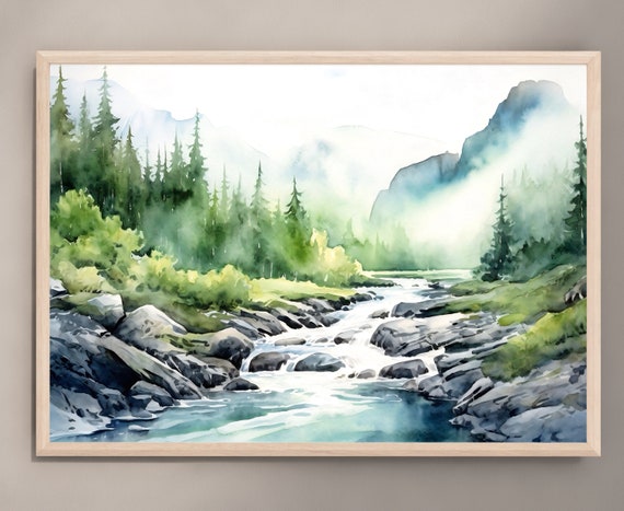 Mountain River Print Watercolor Landscape Art