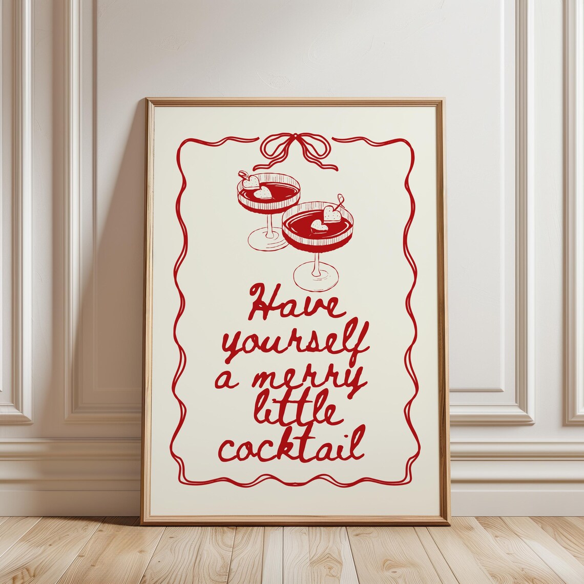 Have Yourself a Merry Little Cocktail Poster Red Line Art Holiday Bar Art