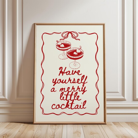 Have Yourself a Merry Little Cocktail Poster Red Line Art Holiday Bar Art