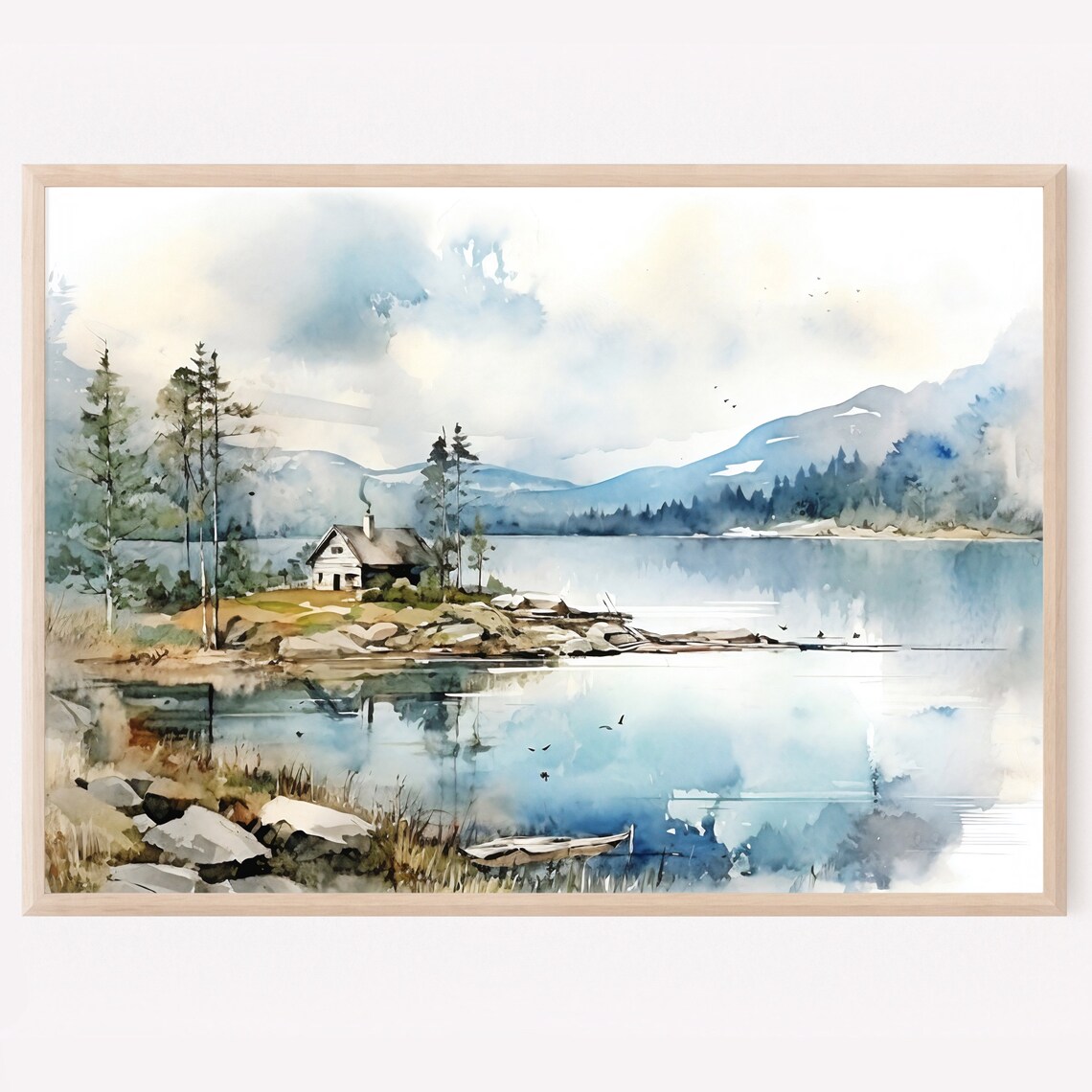 Lake House Watercolor Landscape, Norway Art Print