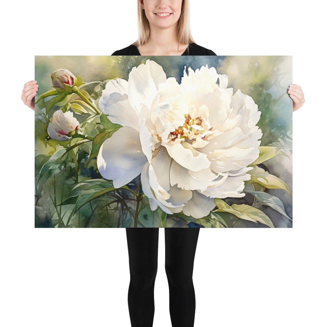 White Peony Blossom Close Up Botanical Watercolor Floral Art Print - Image 5