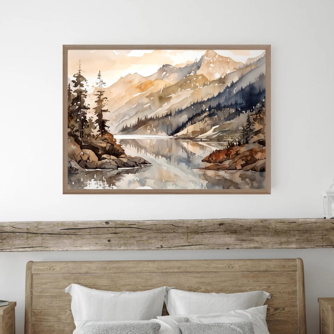Mountain Lake Reflection with Snowy Mountain Peaks Watercolor Poster - Image 2