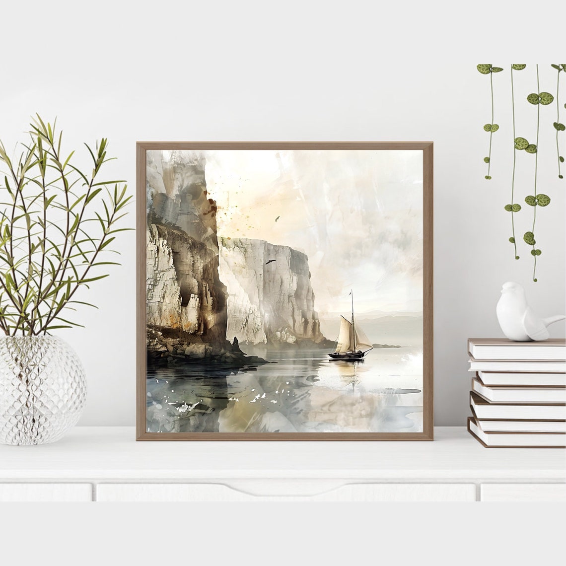 White Chalk Cliffs Sailboat Calm Sea Watercolor Coastal Poster - Image 3